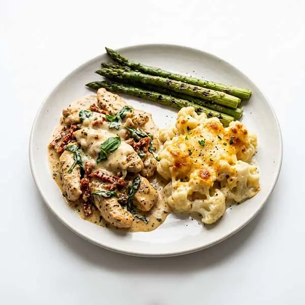 Tuscan Chicken With Cauliflower Au Gratin & Grilled Asparagus